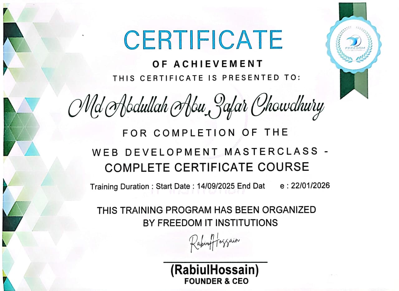 Web Development Master Class certificate