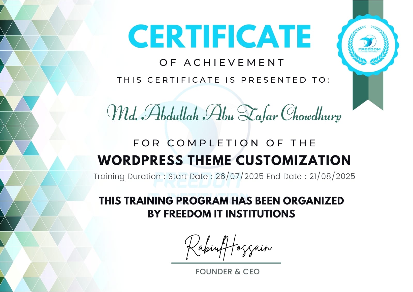 WordPress Theme Customization certificate